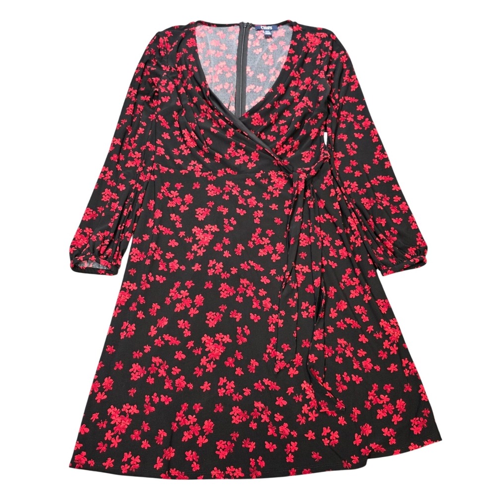 Chaps Floral Faux Wrap Dress Women's Size S Black Red Long Sleeve Knee Length